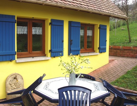 Vase fleuri en terrasse au gîte en alsace